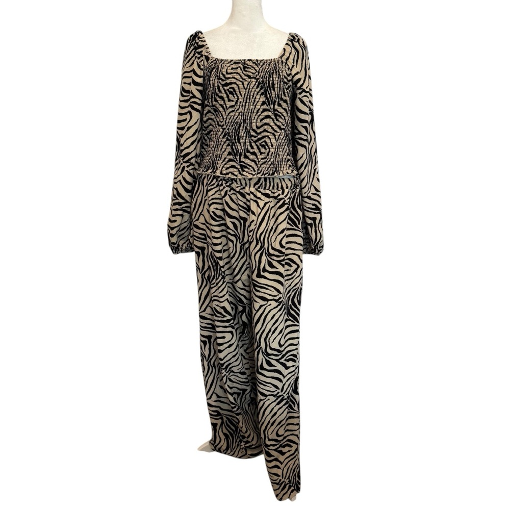 SHEIN Top & Pants Set Size XL Black Tan Zebra Print Wide Leg Palazzo High Waist